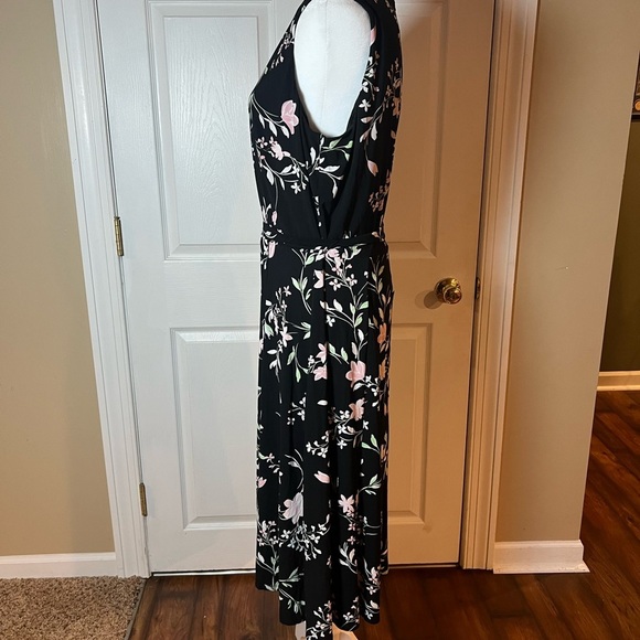 Anne Klein Midi Dress Black Pink Floral Sleeveless Belted Back Zip Stretch READ - Picture 2 of 6
